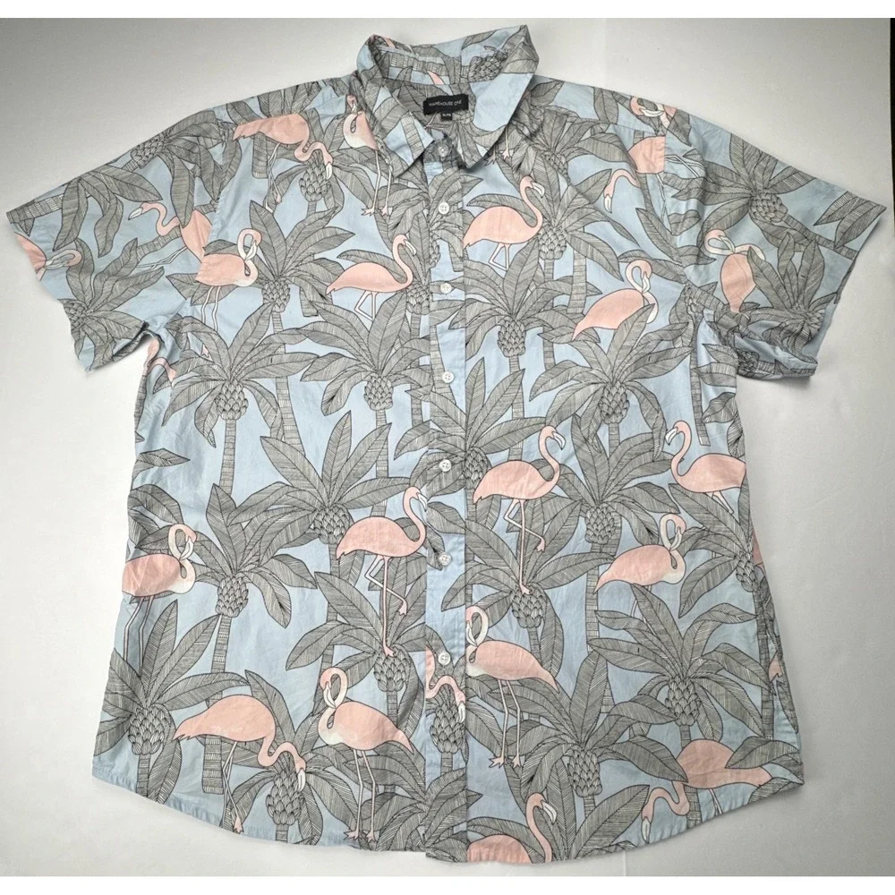 Warehouse One Flamingo Palm Tree Tropical Button Down Shirt XL Light‎ Blue Pink